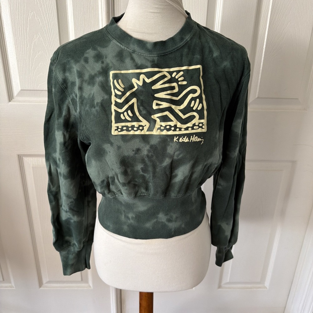 Keith Haring Womens S Sweatshirt Green Tie Dye Cropped Crew Graphic Retro Y2K